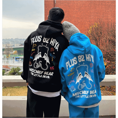 도준 오버핏 데빌 곰 후드티셔츠 / 블랙 백그레이 연핑크 블루