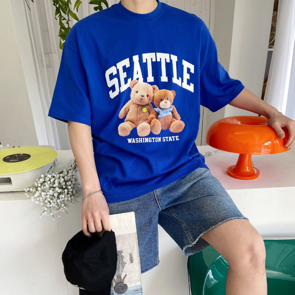 여름 씨애틀 곰 오버핏 반팔티셔츠 / 블랙 화이트 블루